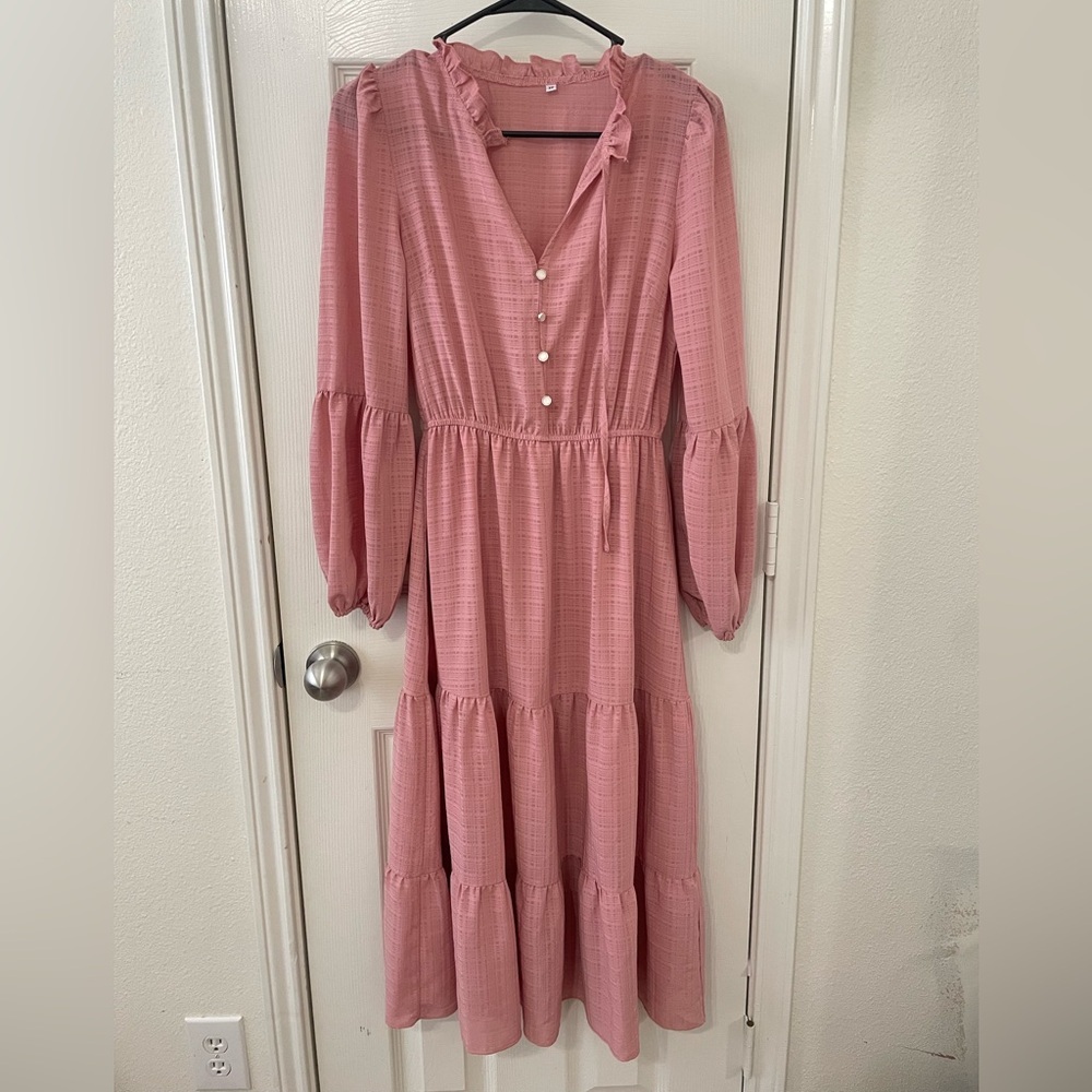 Long Sleeve Button Detail Tiered Solid Midi Dress - Picture 2 of 7